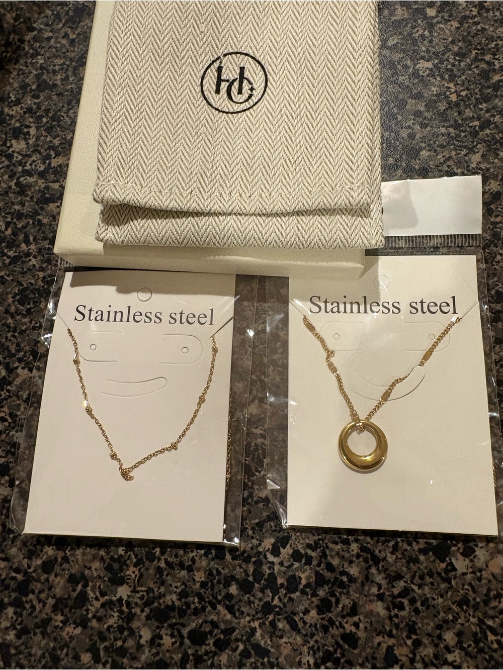 Gold Stainless Steel Double Necklace Set with Ring Pendant
